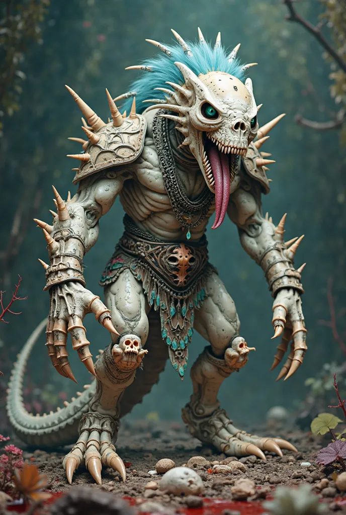 High resolution unity8k Monster Hunter penis like young Korean man's penis cream color fluffy and blue haired and spiked body sharp thorns sharp shiny skin disgusting wearing necklace head set skull big eyes bulging mouth open mouth fighting long tongue pr...