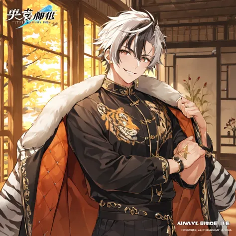 Vtuber handsome male, wearing stylish outfit fully clothed, official art, tiger inspired