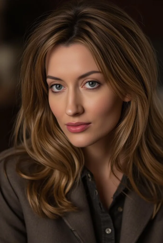 a Realistic portrait of a natascha mcelhore woman,long hair, looking at viewer, portrait, close-up, realistic, soft lighting, professional Photography, Photorealistic, detailed, standing in a dark Studio Room background, blurred background, RAW, analog, sh...