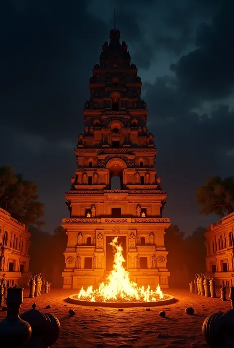 image of a temple of a Purépecha community,  at night, with the context of the New Fire ceremony. In the background, a bonfire with different ritual objects placed around the fire.