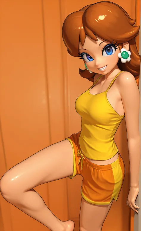 ((Princess daisy)), ((masterpiece)), ((high resolution)), ((solo portrait)), {(attractive figure), (beautiful legs), (pretty feet), (brown hair), (cute blue eyes), (short eyelashes), (cute grin)}, {(yellow tank top), (orange lounge shorts)}, {(standing), (...