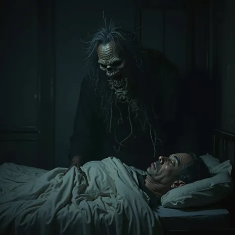 (Photorealism:1.2), a Thai man is sleeping in bed, dark room, an ugly female ghost,  old, curly hair, keeps looking at him,  on the other hand , the ghost looks ugly and creepy, Horror version, terrifying, the ghost's black face,  white teeth , neck tied t...