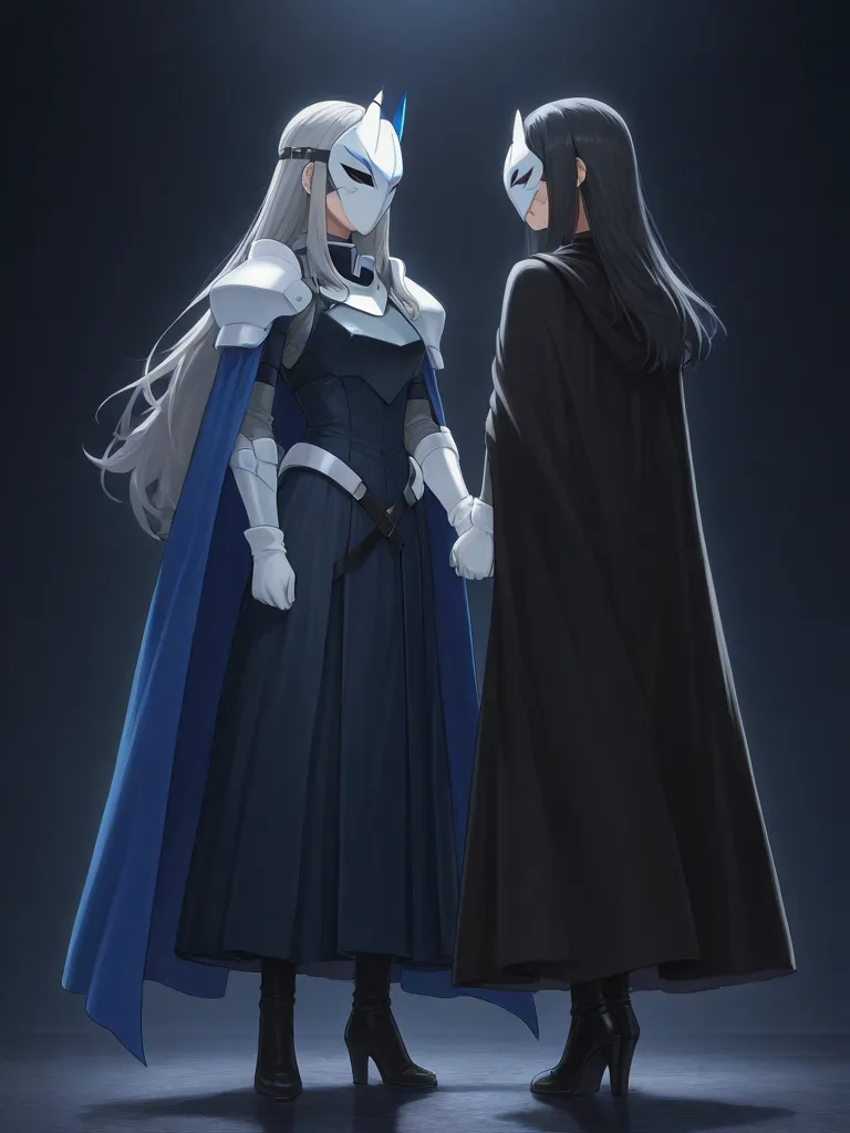 high resolution, masterpiece, necessary, detail, best quality, quality, necessary, details, High details, Precise, 
 Couple_ ufotable style, ufotable anime

(Solo) faceless, mask covered face, white mask with black eyes, grey hair, long hair, blue long cap...