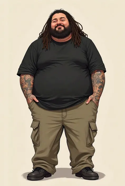 Create me like anime, wearing plain black shirt, with beard, with long dreadlocks hair, wearin loose khaki pants, a bit chubby, with full sleave tattoes on my left arm