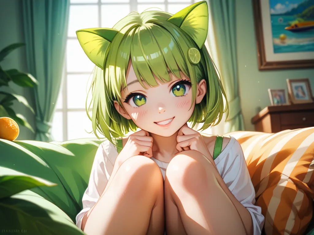 cute girl with no left leg、naked、I'm wearing lime green cat ears、viewer、blushing、 cute room、close-up、lime green bob cut hair、lime green nails、 green eyes、big smile、spread legs、fish eye