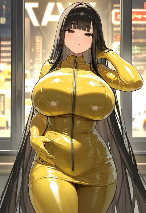 (ultra detailed), ( Japanese women, Age 30), ( yellow latex suit, taxi cab patterns ), brown eyes,  slit eyes ),( very big breasts, Big Breasts,  huge breasts ), ( big thighs ), ( black hair,  very long straight hair, blunt bangs), beautiful fingers, beaut...