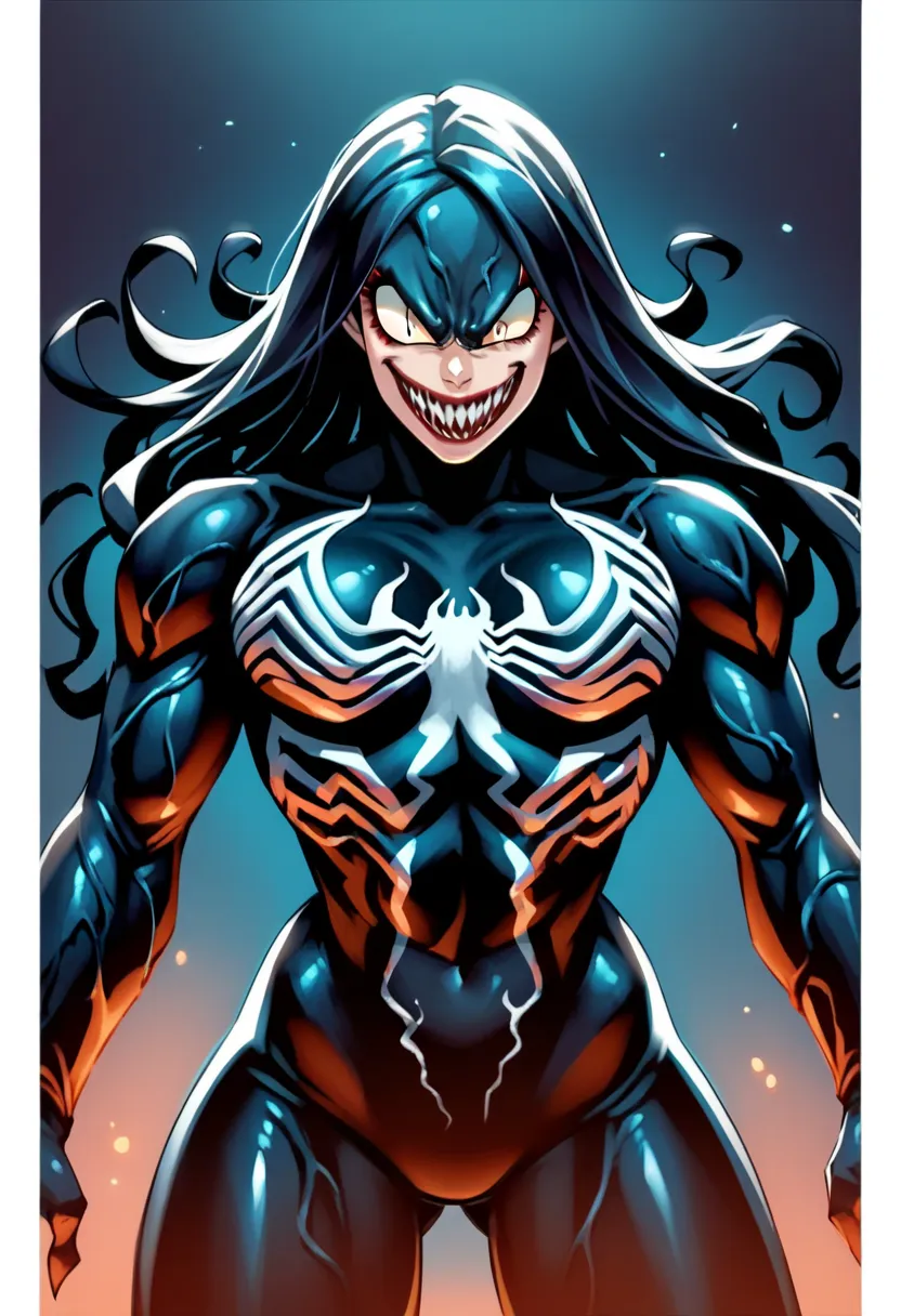 Exwife, bangs, thin waist, wide hips, beautiful skin, clear golden yellow eyes, bright pupils, beautiful eyes, beautiful hair, beautiful long hair, symbiote, venom, venom costume, evil face, smiling face, evil smile, evil glaring eyes,