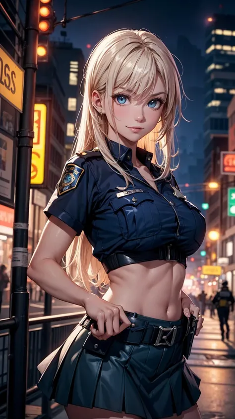 nsfw:1.5，(​masterpiece), (Best Quality), sunset, natural light, ,(realistic:1.5),  Millie Alcock plays an amazingly beautiful female police officer, Blue police uniform , black wrapped short,  skirt long , short_blonde hair, fuzzy_hair, sunburned, tattoo, ...