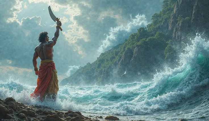 A verry clear 4k ultra HD dynamic image on' Establishing ‘Shri Parshuram Kshetra’: Standing on the shores of the vast ocean, commanding the sea to retreat and creating the legendary ‘Konkan region,’ as waves part and the land emerges