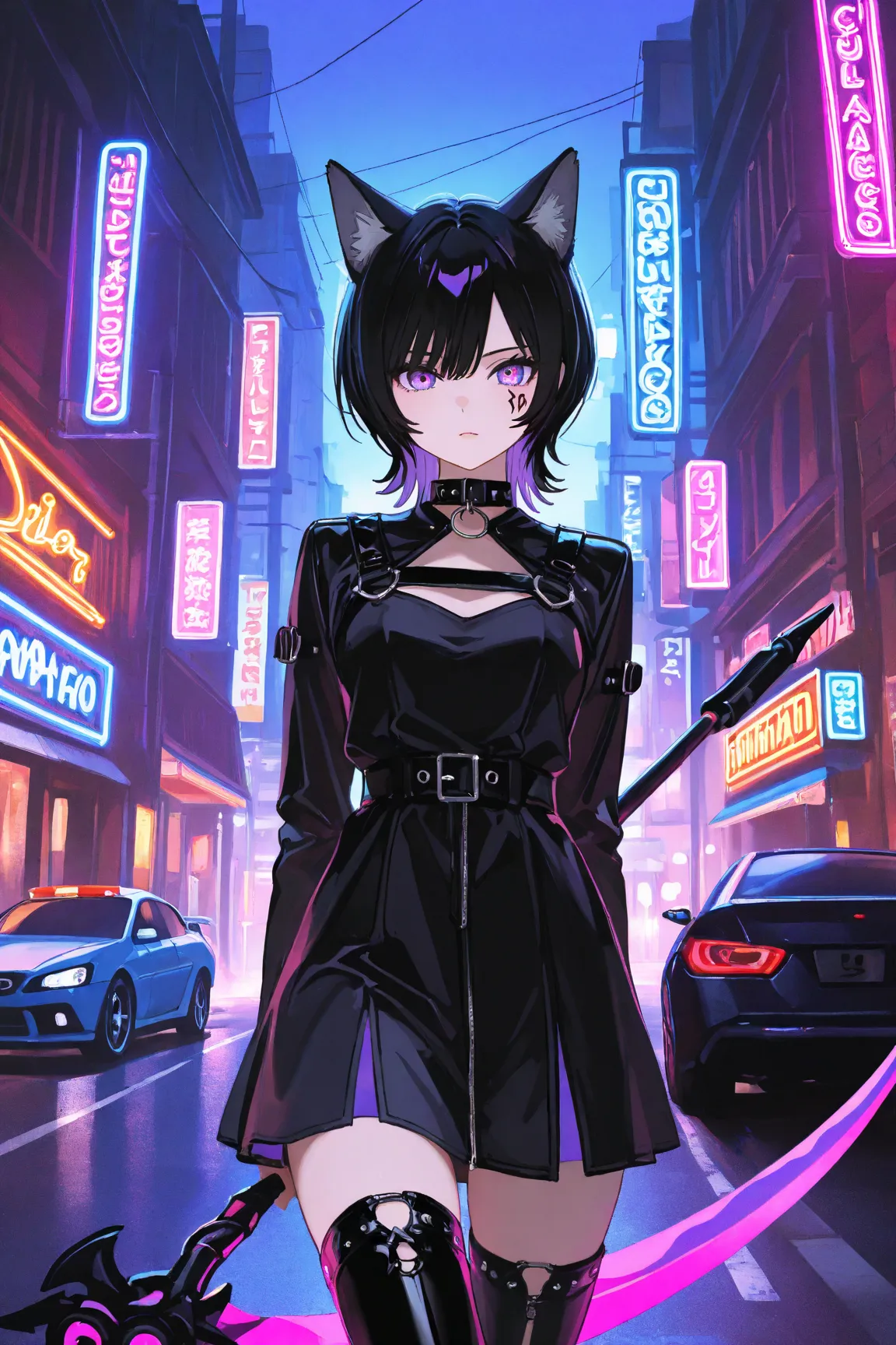 solo, ((From front)), Neko Female, Sukana face tattoos, ((wolf cut black hair, Black cat ears))), long Wolf Cut black hair, (yellow and purple Ombre eyes), Black and white dress like Yor, wearing Chocker, wielding Scythe, Street background, Neon Lights, Ca...