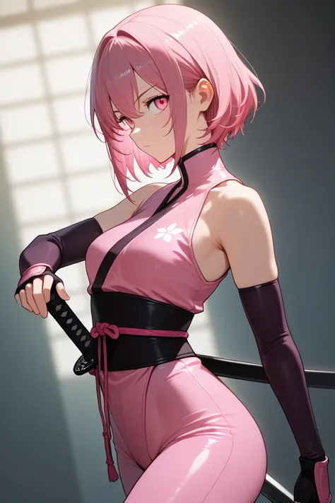 Young adult character,  pink hair,  Pink Eyes, pink ninja costume, a katana cover behind his back.