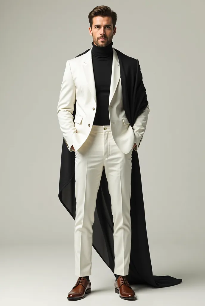 guy wearing white tuxedo and white pants with black turtle neck inner and brown leather shoes with one shoulder 1 meter long black shawl 