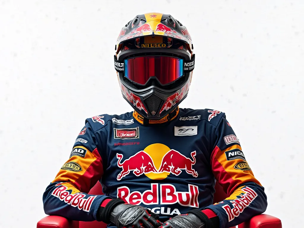  motocross racer, sitting on his chair, white background, close up angle, wearing motocross redbull helmet, wearing motocross goggles covering his full face, on his chest saying NICA, showing his equipment, make it look cool