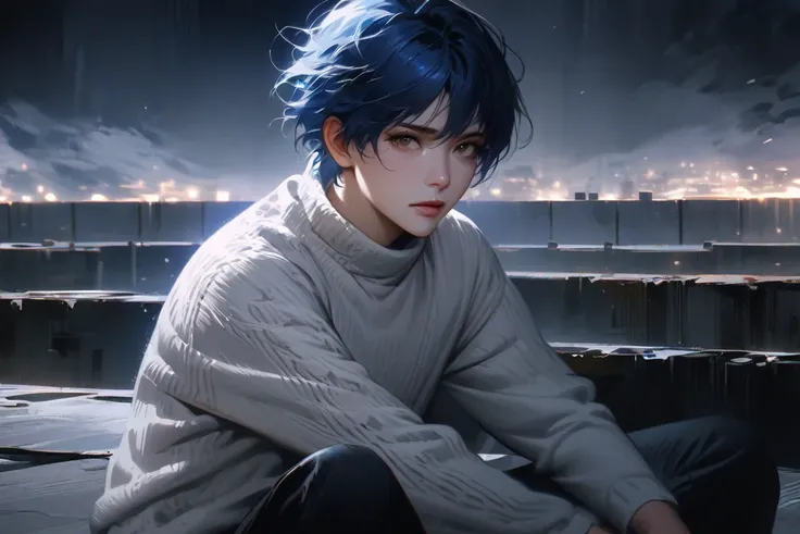  Boy with blue hair, in a white sweater and white pants, he sits on the roof and is afraid to look down. It's a gloomy night outside