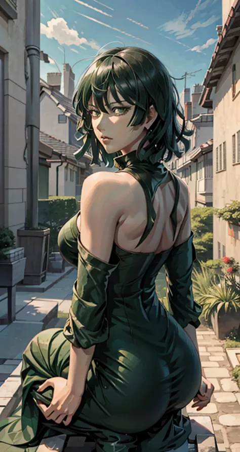 A woman in a green dress sitting on a ledge, fubuki the one punch man,  beautiful anime girl squatting ,  Fubuki,  thick,  she wears a dark green dress , Fubuki, spying from behind, Back pose,  full growth from behind , Growing from behind, seductive anime...