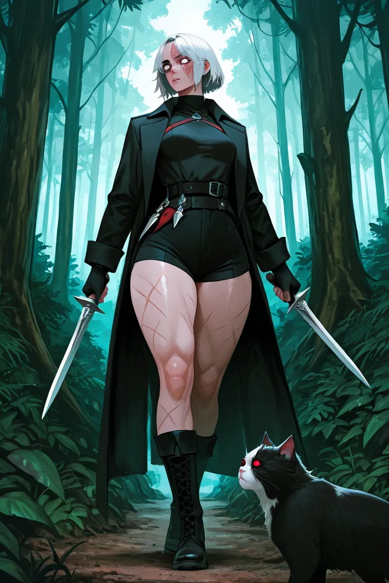 Breed half a human cat, short hair, big thighs, Holding two daggers, right dagger red, White Left Dagger,  white hair ,  a red eye, Another white eye with a scar,  a black overcoat, Black boots, a little black shorts,  Scenery in a forest , medium breasts