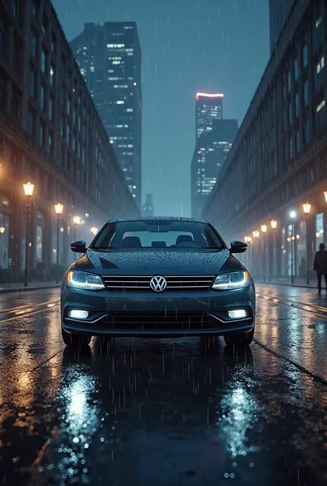 A Volkswagen Jetta car, From the year 2012, in a beautiful city , But with an empty street, rainy night 