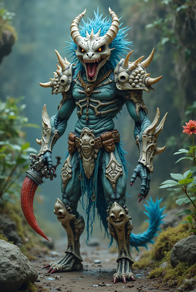 Phallaceae phallistic penis High resolution unity8k Penis-headed monsterHunter like young Korean male penis cream color fluffy and blue haired and spiked body sharp thorns sharp shiny skin disgusting wearing necklace series head skull big eyes bulging open...