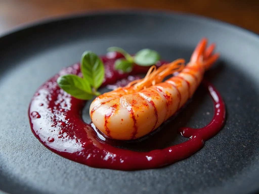 A perfectly sous-vide river prawn, elegantly paired with vibrant beetroot coulis and micro basil, served on a charcoal slate plate.