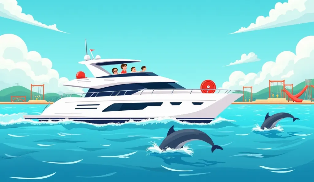 "A sleek white yacht sails across a sparkling blue ocean. A family enjoys the breeze while dolphins jump playfully in the waves. The sky is clear and sunny, making the yacht ride feel like the perfect adventure."

1️⃣8️⃣ Y for Yo-Yo 🪀🎡
"A little  skillfull...