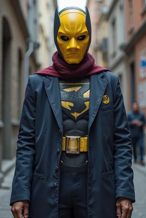 The relative wore a super hero suit in dark blue with a yellow mask that covered only the mouth and wore a knee-length jacket but did not wear a maroon scarf