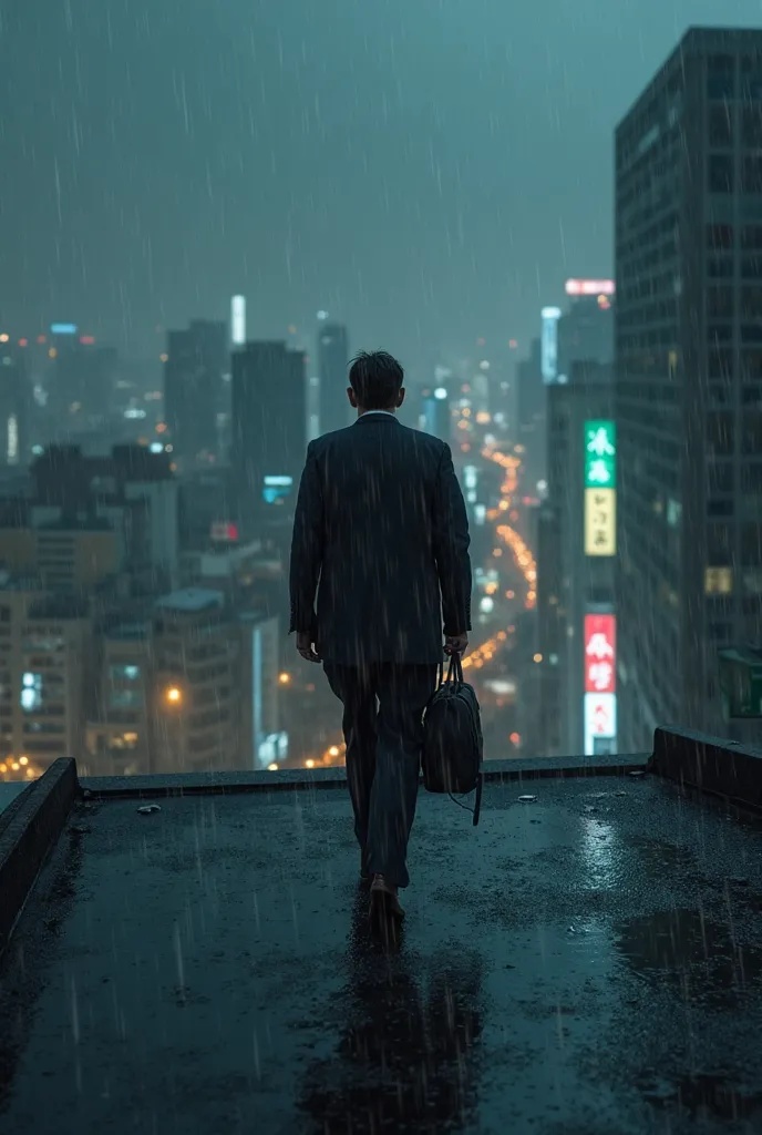 Tokyo Night、in the rain、A man crying while walking on the roof of a building in Tokyo
