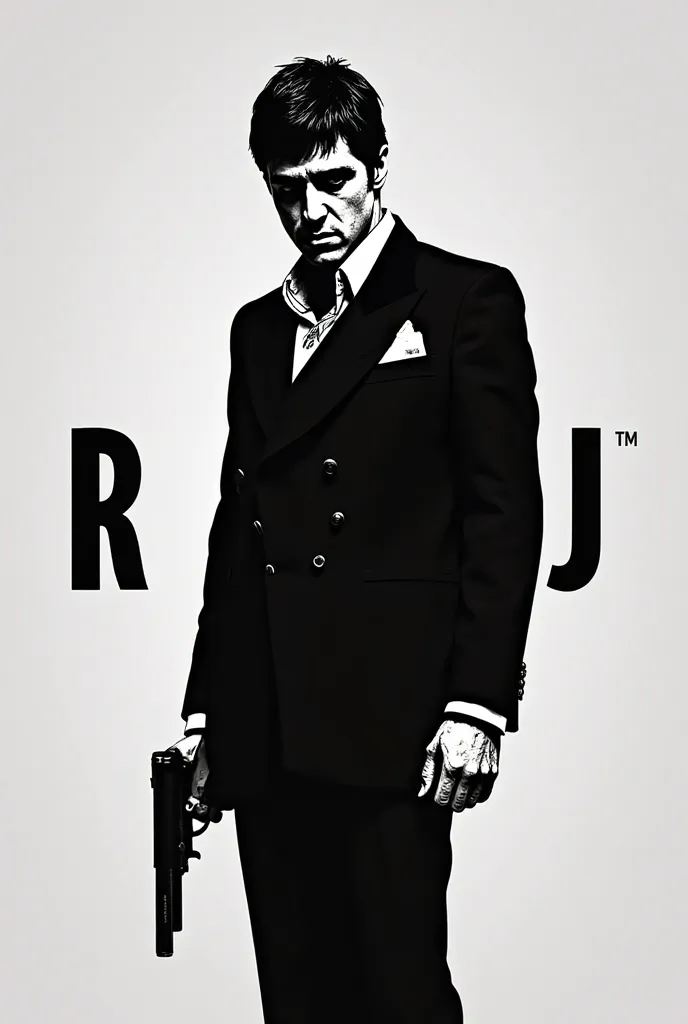 Do you have a logo for my clothing brand with the character Scarface in full body but in black and with the initials R and J