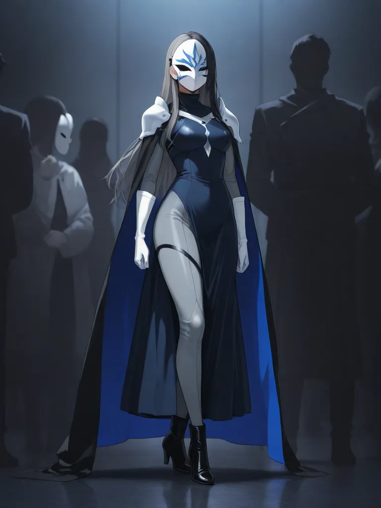 high resolution, masterpiece, necessary, detail, best quality, quality, necessary, details, High details, Precise, 
 Couple_ ufotable style, ufotable anime

(Solo) faceless, mask covered face, white mask with black eyes, grey hair, long hair, blue long cap...