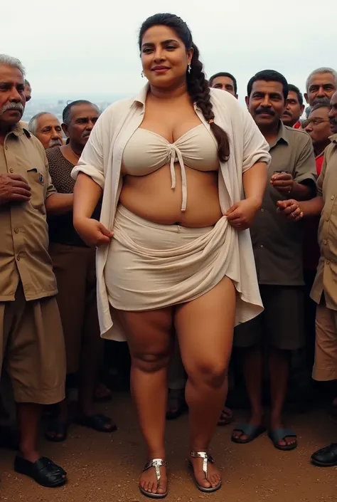 Indian actress Anusuya.  thick figured, chubby body. Wearing flimsy micro skirt and 𝐟𝐫𝐨𝐧𝐭 𝐨𝐩𝐞𝐧 shirt. Surrounded by old beggars who are pulling her skirt and shirt revealing her massive thighs and thick legs and big breast and huge oil clevage. Her hair ti...