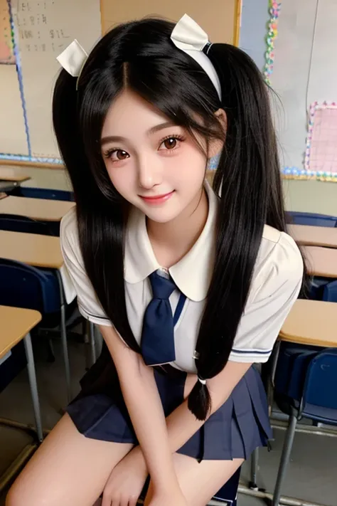  20 years old,1 beautiful woman,school uniform,hand between legs,standing,cute face,smiling,flushed cheeks,medium hair,twin tail,black hair,black eyes,from front,looking at viewer,classroom,headband,masterpiece, extremely fine and beautiful,highly detailed