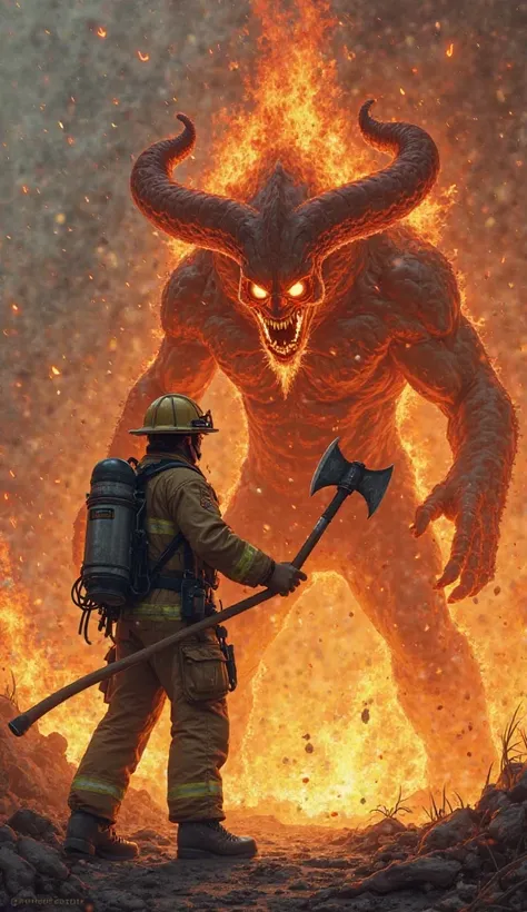 Fire fighter fighting fire demon with axe