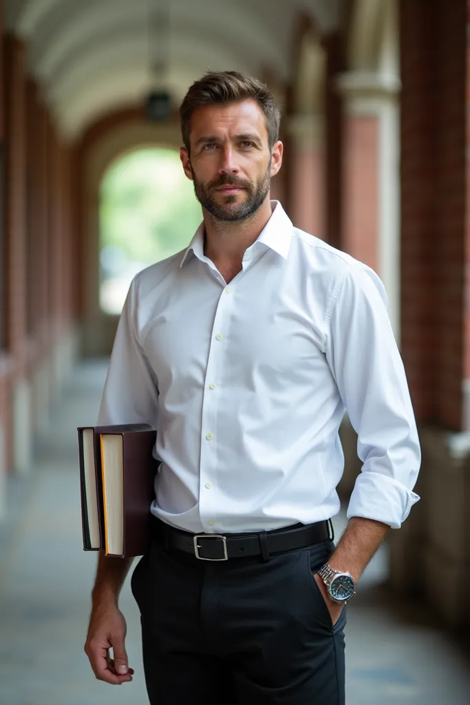 The corridor of a university as a background,  A 36 year old teacher, Male Hair, short hair, white skin, green eyes,  padlock beard , moderately muscular body,  wearing a white shirt, black dress pants,  a silver watch on her wrist , Under his arm two book...