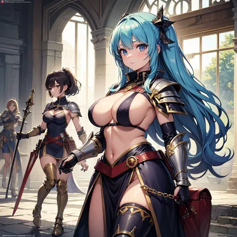 High quality, super detailed, best quality, highly detailed, beautiful, masterpiece, vibrant colors, shiny skin, perfect anatomy, female group, harem, knights, armor, medieval, fantasy, equipped with weapons, bags, pouches, big boobs, sideboob, underboob