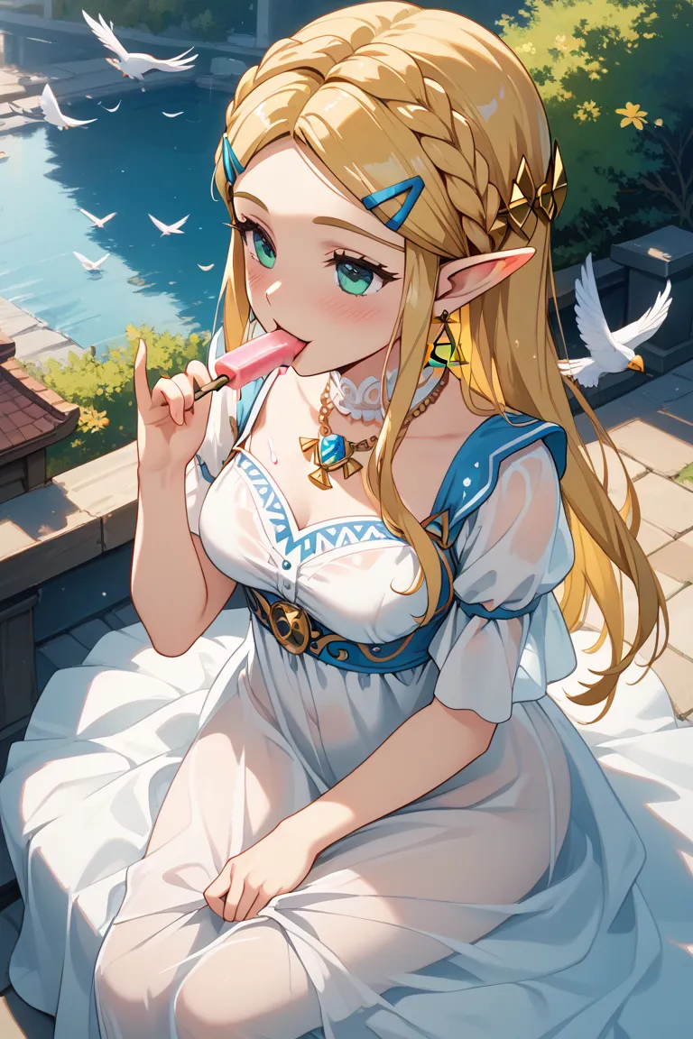 Princess Zelda、see-through dress、Midsummer、I lick popsicles、Pull out your tongue and flutter、Licking lewdly、Bird&#39;s-eye view、Overlook、blush、sit、Close-up of face、profile、 Japanese anime style、