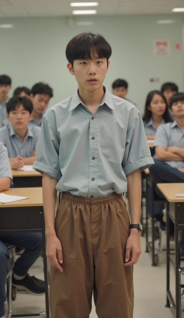 Korean age guy school president, cropped shirt, brown  underwear,loose pants dropped off on knees standing speech among students in hold school 