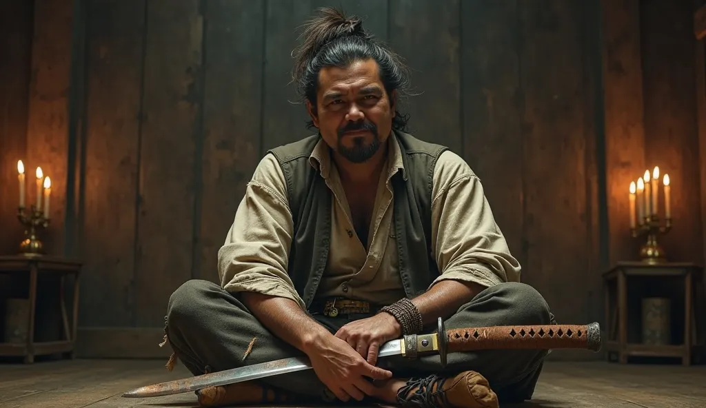 "A Japanese rugged bandit with unkempt hair and a sly grin sits cross-legged in a dimly lit interrogation room. He wears torn, weathered clothes and holds a slightly rusted katana in his lap. His expression is arrogant, as if he is proud of what he’s done....