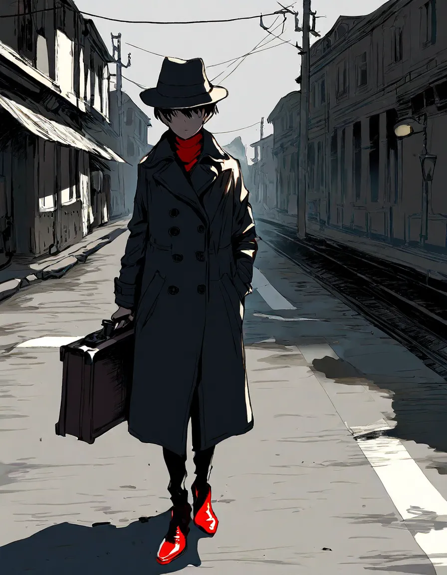 Pitch black night, a single streetlamp illuminating a lone figure, wearing a trench coat and fedora, holding a briefcase and a gun, wearing long bright red clown shoes, misty, moody, Atmospheric, cinematic, masterpiece, vibrant shoes, very detailed