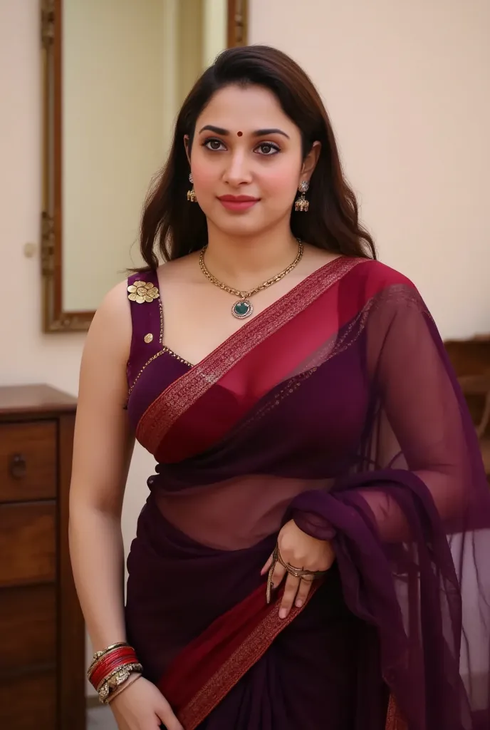 ((best quality)), ((masterpiece)), (detailed), (beautiful realistic model), (SFW:1.5), Full body potrait,Standing pose,Wearing dark maroon transparent saree, wearing dark red sleeveless blouse,dark red lipstick on lucious lips,big large breast with deep cl...