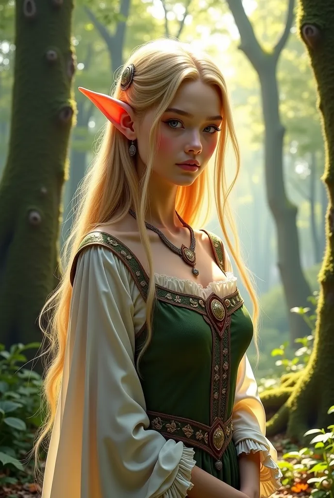 realistic elf girl, long blonde hair, pointy ear, medieval elf princess outfit