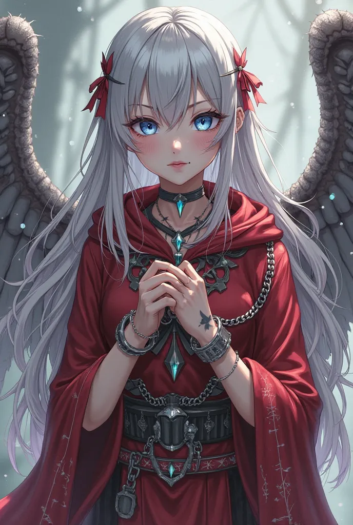 Young and youthful pretty anime supernatural girl made of stones and runes with red and grey rune outfit, gray slave markings and scars on face, prisoner slave outfit, magical rune and stone proof shackles securing her with shackles chained close to chest ...