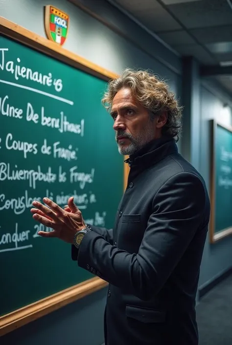 Create a highly realistic image of Jorge Jesus at a tactical meeting with the Olympique de Marseille cast. He is next to a tactical blackboard, where he presents the objectives of the season. The blackboard displays the following objectives written in Port...