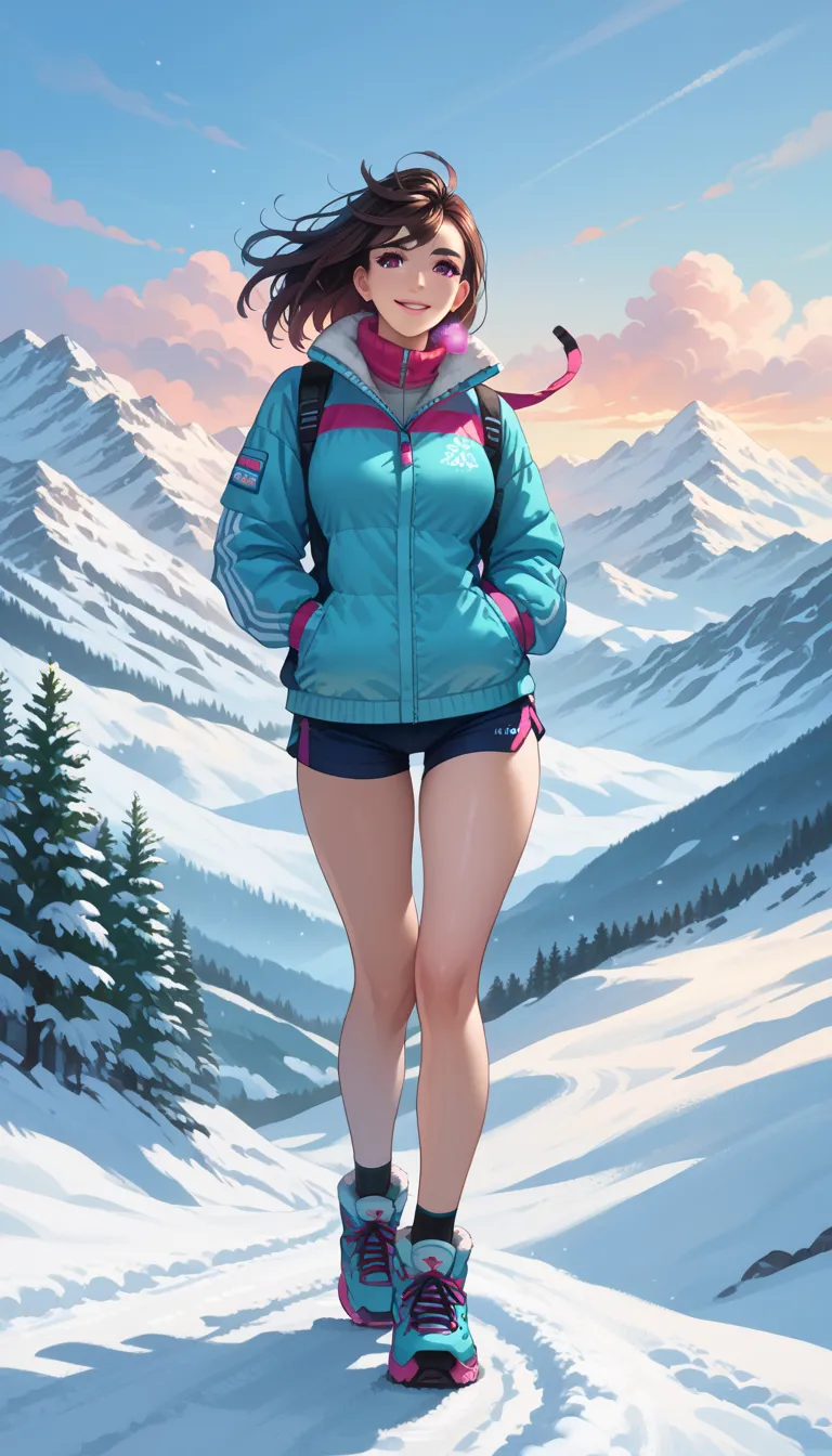 rape, Ayase Momo Ayase in a ski suit standing on a snowy mountainside, beautiful gray detailed eyes, beautiful detailed lips, bright colors, colorful background, soft lighting, romantic atmosphere, hair blowing in the wind, legs spread wide, ski outfit, me...