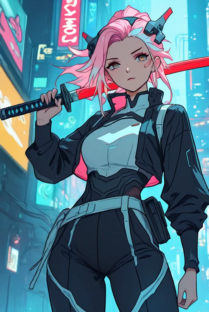 Women, pink hairs with white tips, 2 large duvets that move dynamically. The woman has futuristic clothes in a cyberpunk style / Neo Tokyo, A katana in hand, elle est dans une pose dynamique d'attaque. 