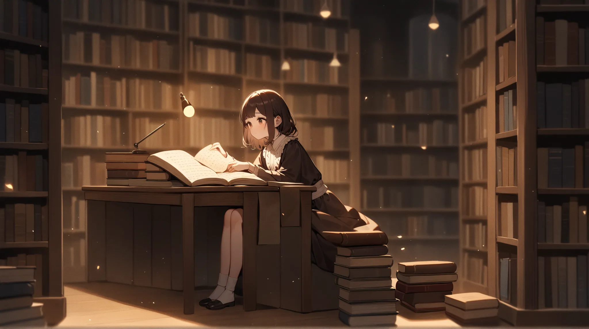 A young girl sitting at a wooden table in the corner of a dimly lit library, surrounded by tall bookshelves. She flips through the pages of an open textbook, a pencil resting lightly between her fingers. The warm glow of a small reading lamp illuminates he...