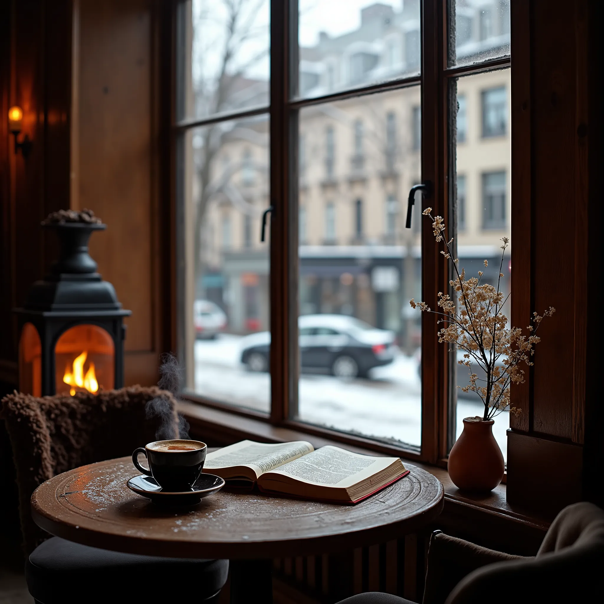 A cozy winter afternoon in a city café. Outside the large window is a snowy landscape. A fireplace flickers with soft light. The scent of rich chocolate fills the air. A steaming cup of coffee sits on the table. A book lies open, pages slightly curled. The...