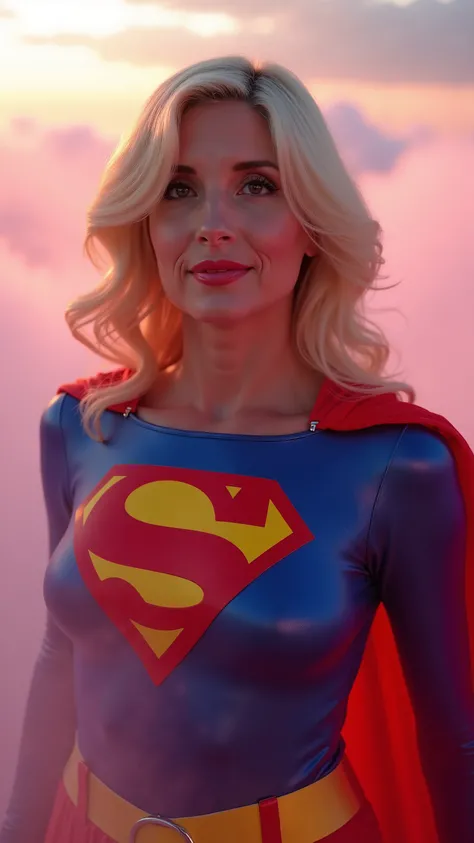 Close-up of an imposing figure, a mature woman in a 1980s Supergirl costume ((60 years old with large breasts; Supergirl 1980s costume; glued to the body; beautiful and elegant; huge breasts; blonde hair with some white strands))) and piercing gaze, floati...