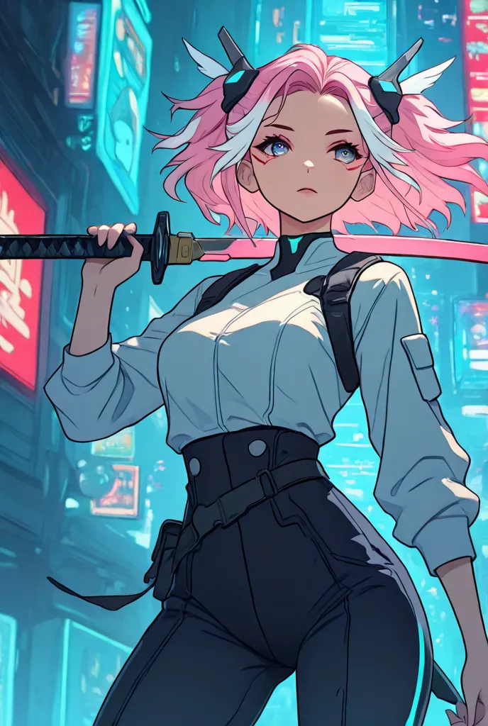 Women, pink hair with white tips, 2 large duvets that move dynamically. The woman has futuristic clothes in a cyberpunk style / neo Tokyo, A katana in hand, elle est dans une pose dynamique d'attaque. 