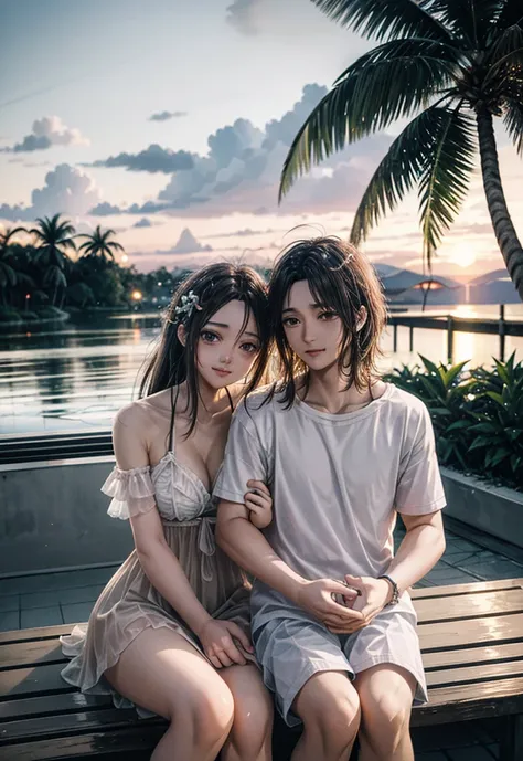 A romantically entwined pair of lovers sits on a weathered bench beneath towering coconut trees as the vibrant hues of a sunset bathe the scene in golden light. The young couple, dressed in casual, summery attire, exude a sense of carefree joy and intimacy...