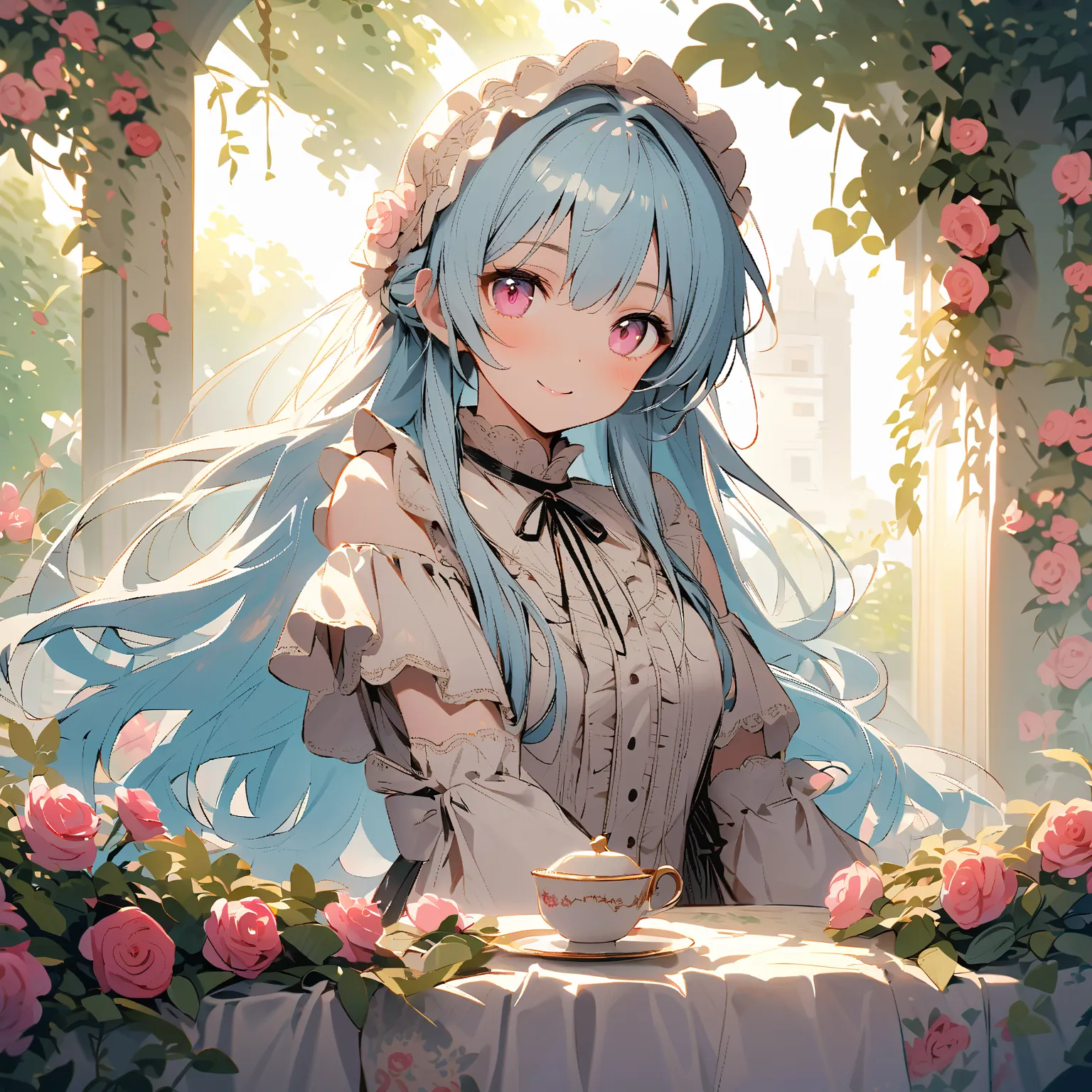 one girl、light blue hair tied at the top、wavy long hair、smile、
white and light blue gothic lolita dress、 pink eyes、white gloves、Rose Garden、
Tea Set。
High Resolution, masterpiece, accurate, 