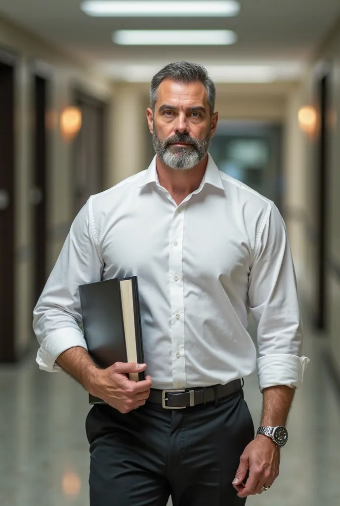 The corridor of a university as a background,  A 36 year old teacher, Male Hair, short hair, white skin, green eyes,  padlock beard , muscular body,  wearing a white shirt, black dress pants,  a silver watch on her wrist , Under his arm two books,  mature ...